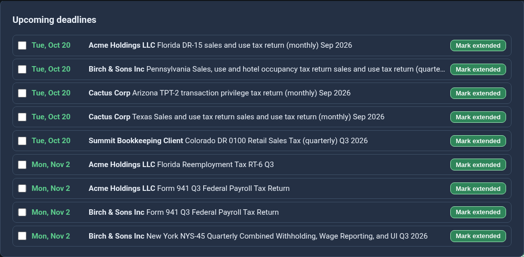 Ordexly dashboard listing upcoming deadlines for sample clients